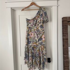 Astr Purple and Green Asymmetrical Ruffled Sundress